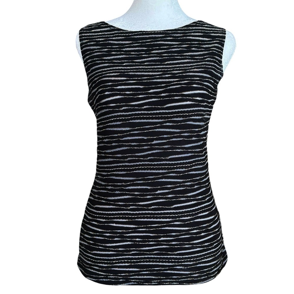 Vintage 90s Y2K Sleeveless Boat Neck Top Black Sheer Metallic Animal Print Small